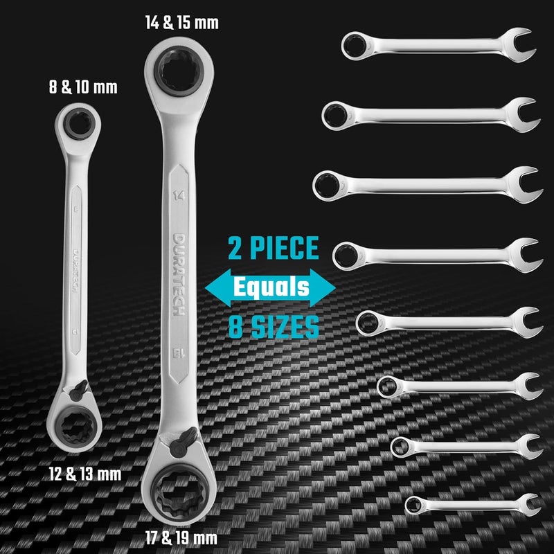 DURATECH 4-in-1 Reversible Ratcheting Box Wrench Set, Double Box End, Metric, 2-Piece, 8, 10, 12, 13 & 14, 15, 17, 19 mm, CR-V Steel, Matte Chrome Plated, with Rolling Pouch - Image 2